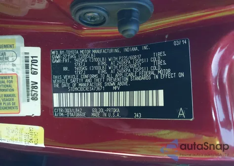 2014 Toyota Sienna Xle V6 8 Passenger z USA, uszkodzony, nr VIN 5TDYK3DCXES473671